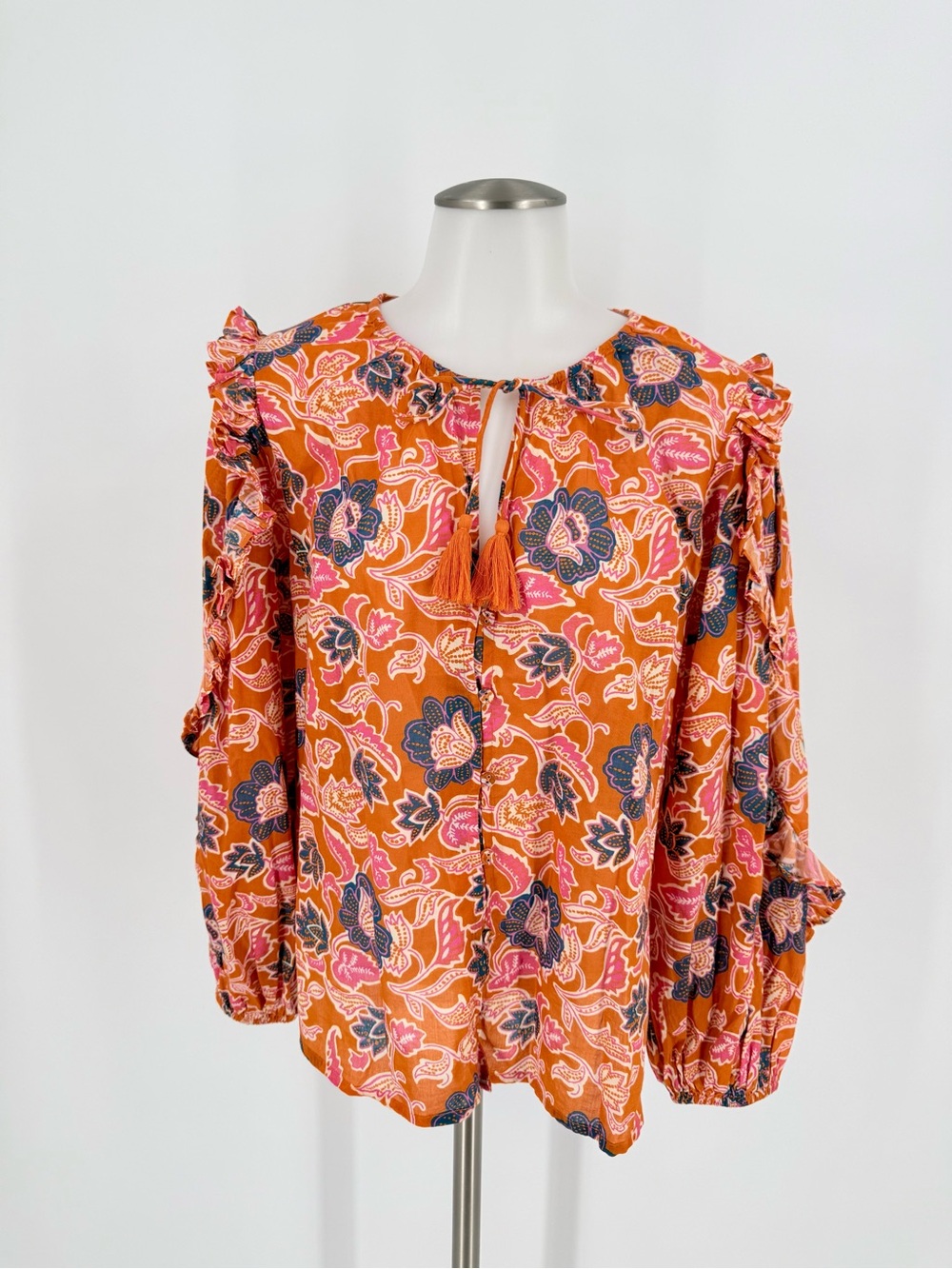 Cleobella Orange Floral Paisley Ruffle Sleeve Tassel Blouse Size M